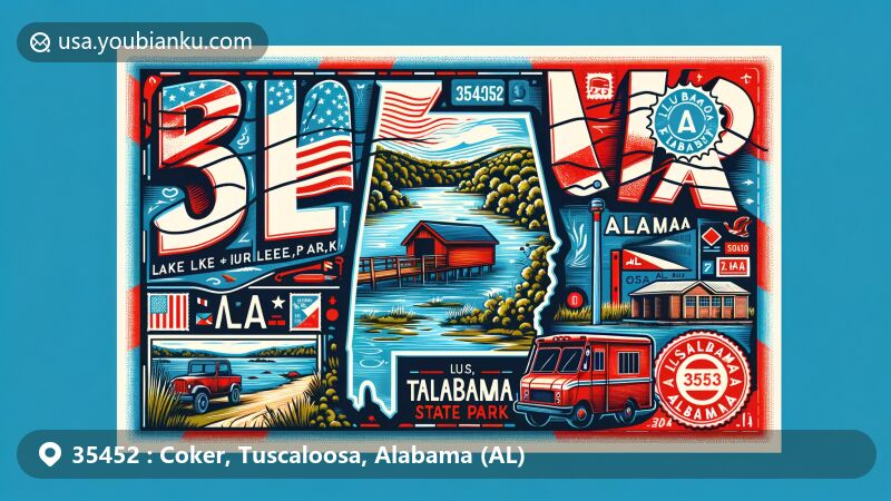 Modern illustration of Coker, Tuscaloosa County, Alabama, with ZIP code 35452, featuring Lake Lurleen State Park and Alabama's geographical outline within the United States.