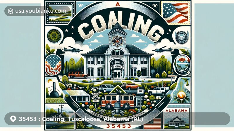 Modern illustration of Coaling, Tuscaloosa County, Alabama, showcasing the Coaling Fire Department building, postal theme with ZIP code 35453, and local flora against green landscapes.