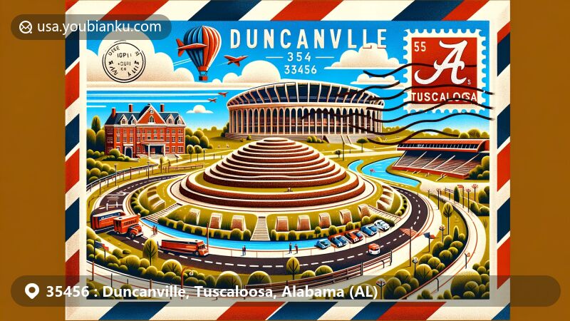 Creative illustration of Duncanville, Tuscaloosa, Alabama, featuring airmail envelope with ZIP code 35456, showcasing regional landmarks like Moundville Archaeological Park, Bryant-Denny Stadium, and Tuscaloosa Riverwalk.