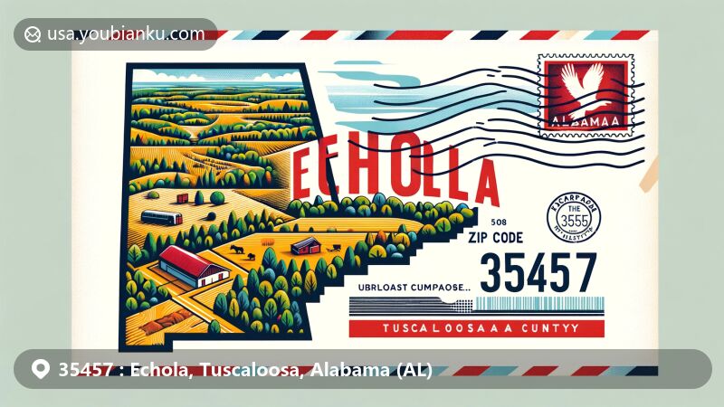 Modern illustration of Echola area in Tuscaloosa County, Alabama with ZIP code 35457, featuring Alabama outline, Tuscaloosa County emphasis, rural landscape elements, vintage post stamp, postal mark, and vibrant colors.
