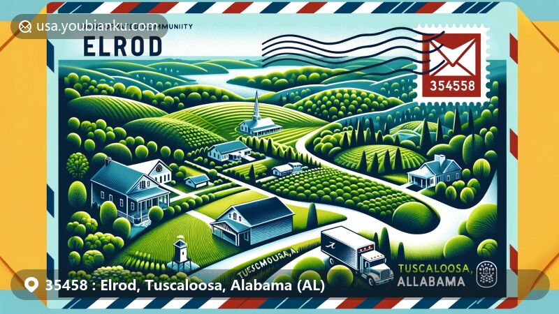 Modern digital illustration of Elrod, Tuscaloosa County, Alabama, featuring postal theme design inspired by air mail envelope with Alabama state flag, postmark 'Elrod, AL 35458', and scenic view of unincorporated community surrounded by lush greenery.