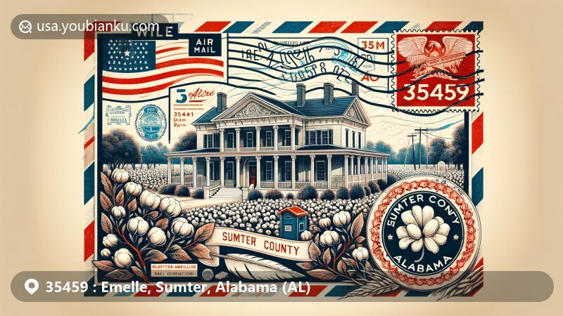 Modern illustration of Emelle, Sumter County, Alabama, capturing ZIP code 35459 essence with vintage air mail envelope, featuring Oakhurst historic Greek Revival house and cotton plants.