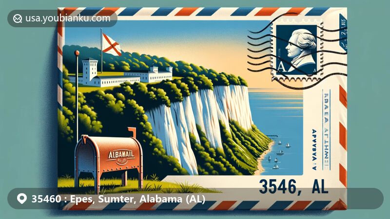 Modern illustration of Epes, Sumter County, Alabama, showcasing postal theme with ZIP code 35460, featuring White Cliffs, Fort Tombecbe, Alabama state flag, and traditional mailbox.