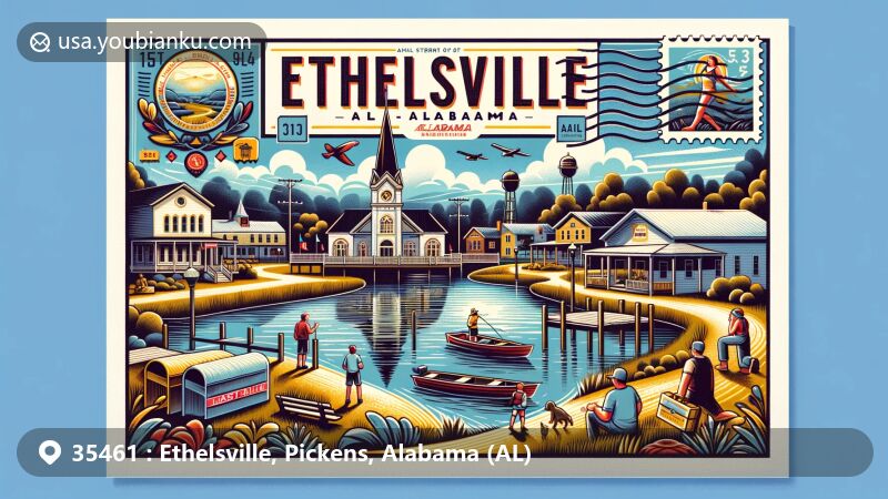 Modern illustration of Ethelsville, Alabama, capturing town's community activities like hiking, fishing, and swimming, with serene McShan Lake symbolizing natural beauty and peaceful setting.