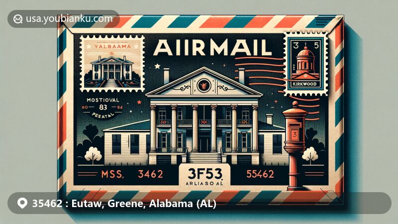 Modern illustration of Eutaw, Alabama, featuring ZIP code 35462, showcasing Kirkwood Mansion on a postage stamp, with a map of Alabama and a red postal box, blending postal heritage with architectural and geographical significance.