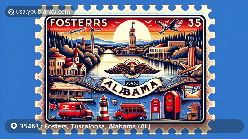 Modern illustration of Fosters, Alabama, showcasing postal theme with ZIP code 35463, featuring Black Warrior River and Alabama state symbols.