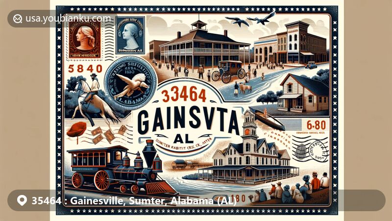 Modern illustration of Gainesville, Sumter County, Alabama, blending historic elements from the 1830s-1880s and a classic American postal theme. Depicts the town's cotton trade history via the Tombigbee River, tied to Treaty of Dancing Rabbit Creek. Framed in vintage postcard/envelope with stamps and postmark '35464 Gainesville, AL'.