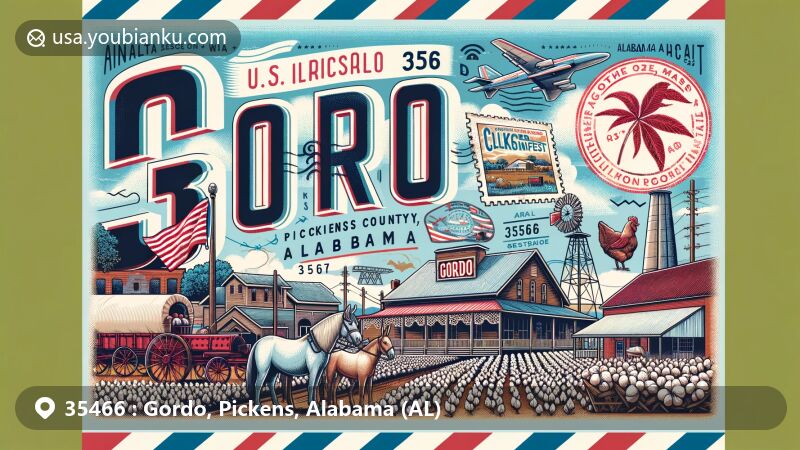 Modern illustration of Gordo, Pickens County, Alabama, representing ZIP code 35466, featuring cotton fields, a traditional sawmill, and imagery of the Mule Day/Chickenfest celebration, along with the historic Old Jail, all reflecting the town's historical and cultural significance.