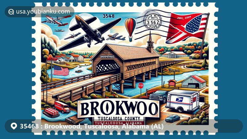 Modern illustration of Brookwood, Tuscaloosa County, Alabama, with postal theme for ZIP code 35468, showcasing local history, including mining heritage and the 2001 mine disaster, along with Alabama state symbols and postal elements like air mail envelope, vintage postage stamp, and postal truck.