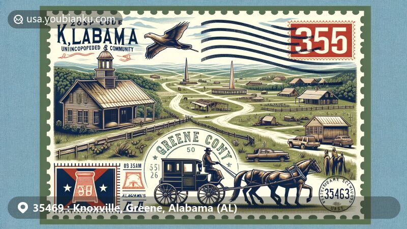 Modern illustration of Knoxville, Greene County, Alabama, featuring postal theme with ZIP code 35469, showcasing rural and natural beauty, landmarks like ancient plantations and Civil War references; symbols of Alabama, vintage postcard layout, state flag, and traditional postal imagery.
