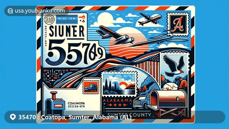 Modern illustration of Coatopa, Sumter County, Alabama, blending postal theme with ZIP code 35470, showcasing state flag and Sumter County outline.