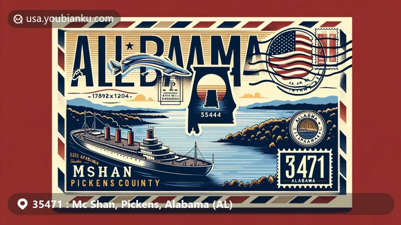 Modern illustration of McShan, Pickens County, Alabama, showcasing postal theme with ZIP code 35471, featuring McShan Lake Number Three and the silhouette of Alabama state.
