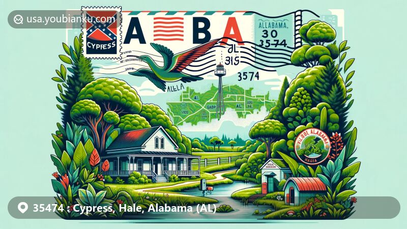 Modern illustration of Cypress, Hale County, Alabama, inspired by ZIP code 35474, with a vintage postcard theme incorporating Alabama state flag and postmark. Background features Hale County's geography and iconic landmarks.