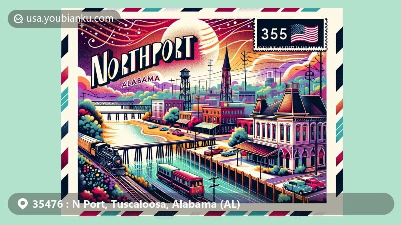 Modern illustration of Northport, Tuscaloosa, Alabama, featuring historic downtown, old wooden train trestle, Northport Heritage Museum, and the Black Warrior River.
