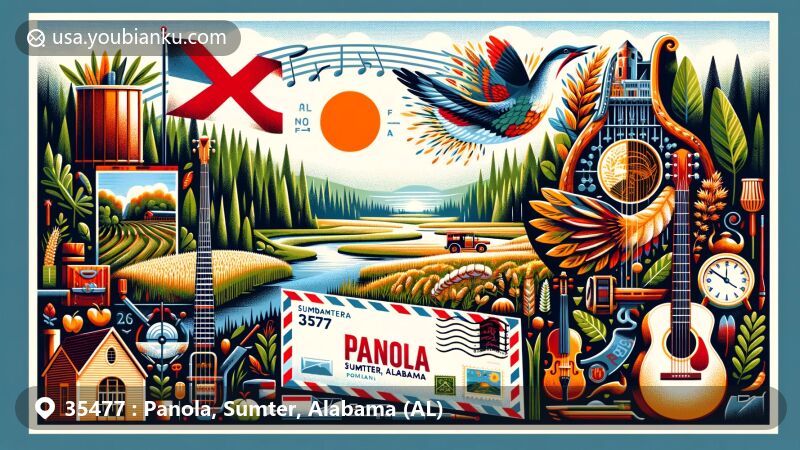Modern illustration of Panola, Sumter, Alabama, showcasing southern forests, farmlands, and cultural symbols of the Black Belt region, including state flag, airmail envelope with ZIP Code 35477, and musical instruments and agricultural tools.