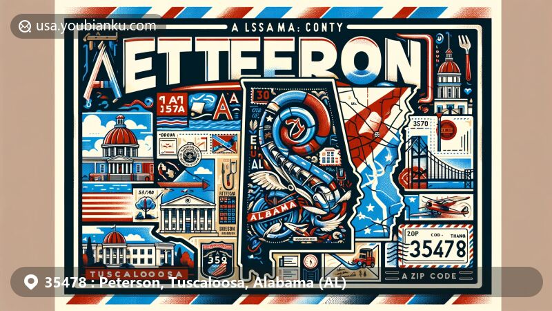Creative illustration of Peterson, Alabama, ZIP code 35478, combining geographic and cultural symbols with postal elements, featuring Alabama state outline and Tuscaloosa County, state flag, Bryant Denny Stadium, Capitol Park, vintage postcard frame, and nostalgic postal theme.