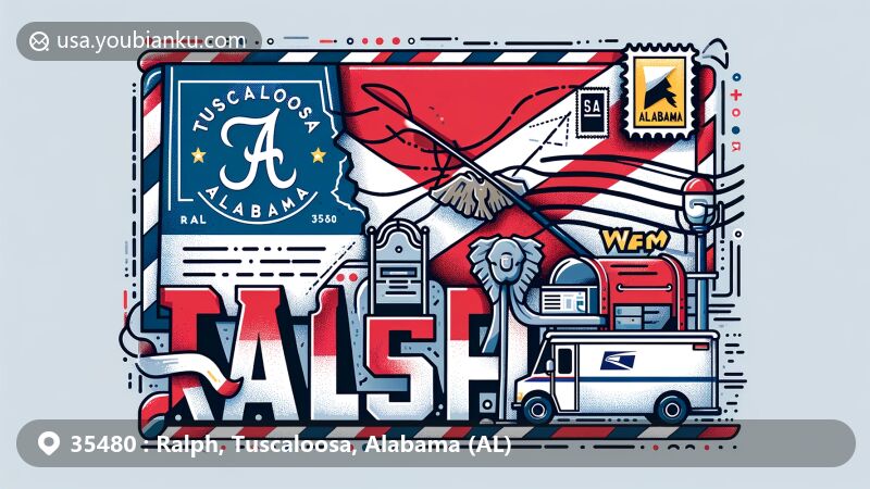 Modern illustration of Ralph, Tuscaloosa County, Alabama, with ZIP code 35480, blending regional and postal motifs, featuring Alabama state flag, Tuscaloosa County outline, airmail envelope design with stamps, postmark, mailbox, and mail truck.