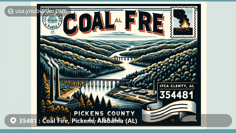 Modern illustration of Coal Fire community, Pickens County, Alabama, featuring natural beauty, Coal Fire Creek, Alabama landscape, and vintage postal elements with ZIP code 35481.