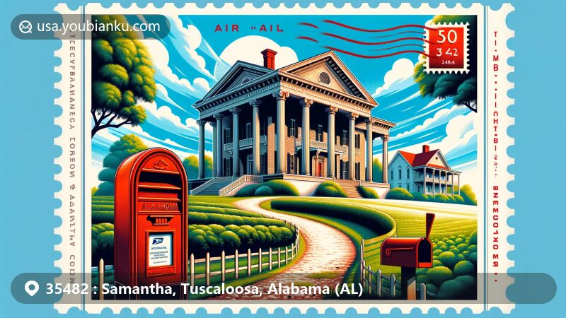 Modern illustration of Samantha, Tuscaloosa County, Alabama, with postal theme in 35482 ZIP code area, featuring Battle-Friedman House and Alabama state symbols.