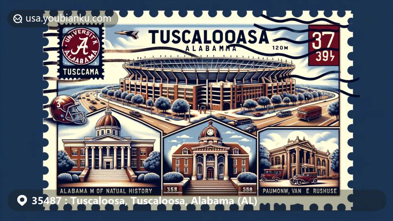 Modern illustration of Tuscaloosa, Alabama, showcasing ZIP code 35487 with Bryant-Denny Stadium, Alabama Museum of Natural History, Paul W. Bryant Museum, Jemison-Van de Graaff Mansion, and Federal Building, featuring vintage postcard elements.