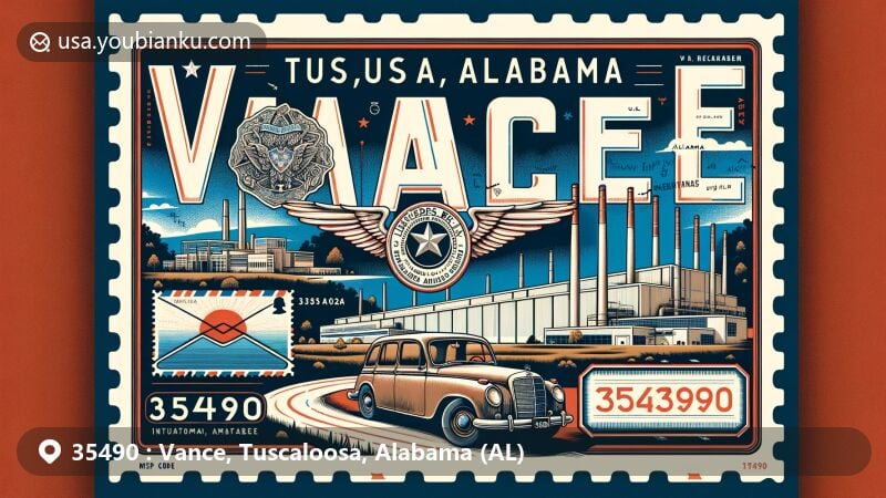 Modern illustration of Vance, Tuscaloosa County, Alabama, incorporating a vintage airmail envelope frame with postal stamp featuring ZIP code 35490, highlighting Mercedes-Benz plant and Alabama state symbols.
