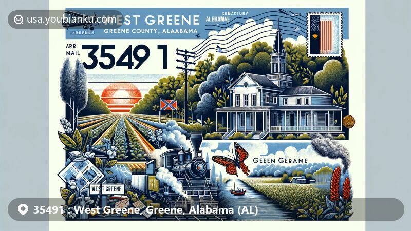 Modern illustration of West Greene, Greene County, Alabama, featuring Black Warrior and Tombigbee Rivers, agriculture with cotton, soybeans, timber, Kirkwood plantation mansion, and Alabama state flag.