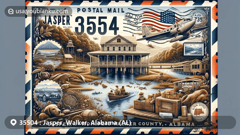 Modern illustration of Jasper, Walker County, Alabama, showcasing historical significance and outdoor activities, featuring John Hollis Bankhead House and Walker County Lake.