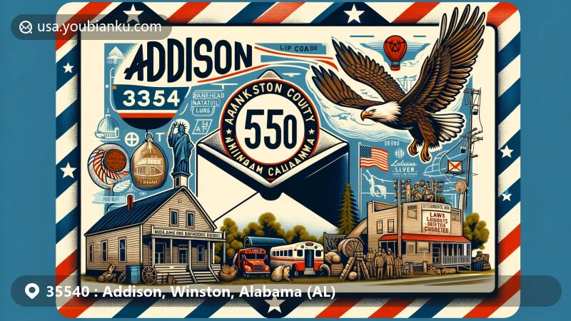 Modern illustration of Addison, Winston County, Alabama, featuring vintage air mail envelope with ZIP code 35540, highlighting Looney's Tavern, Bankhead National Forest, Lewis Smith Lake, Addison High School, and Alabama state flag.