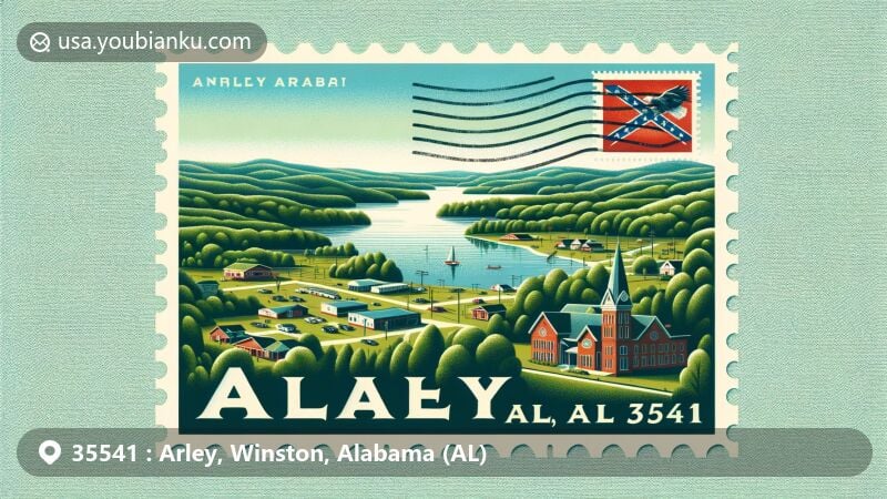 Modern illustration of Arley, Winston County, Alabama, postal theme with vintage airmail envelope corners and postal stamp, showcasing Bankhead National Forest, Lewis Smith Lake, and small town charm.