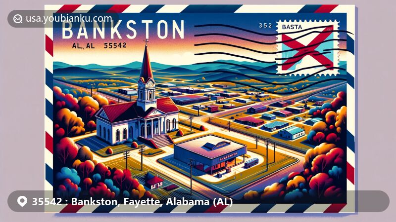 Modern illustration of Bankston, Fayette County, Alabama, with postal theme and ZIP code 35542, showcasing unincorporated status, envelope design with stylized map, Alabama state flag, postal stamp, and Bankston landmarks.