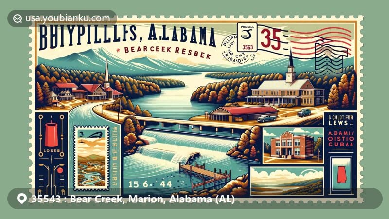 Illustration of Bear Creek in Marion County, Alabama, blending natural beauty and educational pride with postal elements. Featuring Upper Bear Creek Reservoir, Bear Creek, Phillips High School, vintage postcard layout with ZIP code 35543, postal stamps, and Alabama state flag.