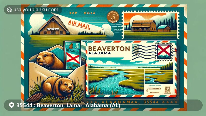 Modern illustration of Beaverton, Alabama, postal theme with ZIP code 35544, featuring vintage air mail envelope, postcard with Beaverton icons, state symbols of Alabama, and Beaver Creek postage stamp.