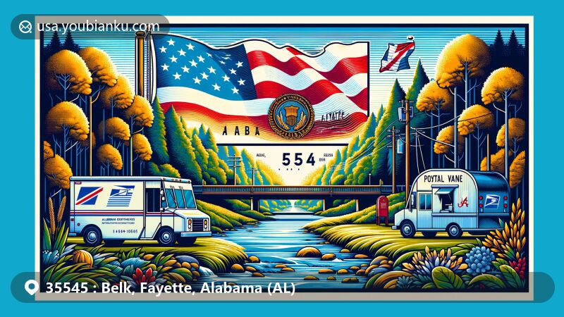 Modern illustration of Belk, Alabama, blending natural beauty with postal elements, featuring postcard with '35545,' Alabama flag, Fayette County outline, creeks, greenery, and iconic mailbox or mail van.