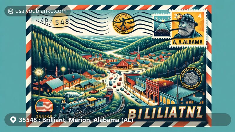 Modern illustration of Brilliant, Marion County, Alabama, highlighting ZIP code 35548, showcasing historical and coal mining themes, including Alabama state flag, Marion County outline, and coal mining icons.