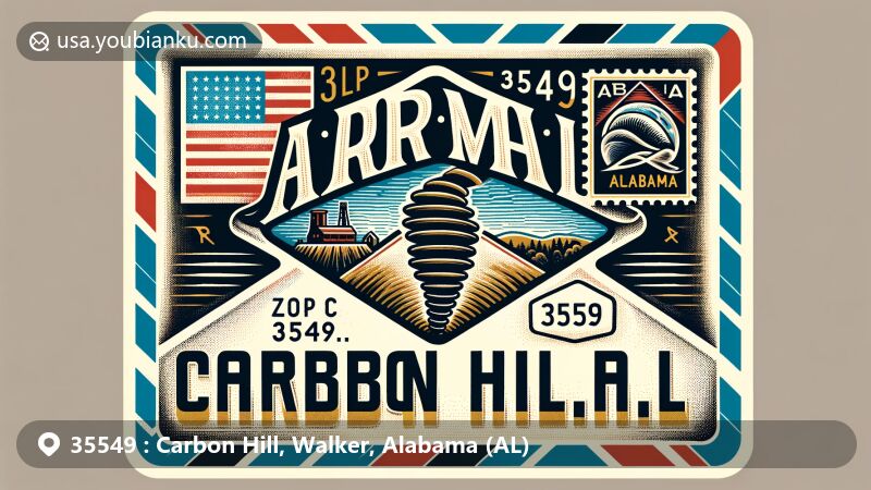 Modern illustration of Carbon Hill, Walker County, Alabama, featuring postal theme with ZIP code 35549, Alabama state flag, coal mine silhouette, vintage postage stamp with tornado, and Walker County outline.