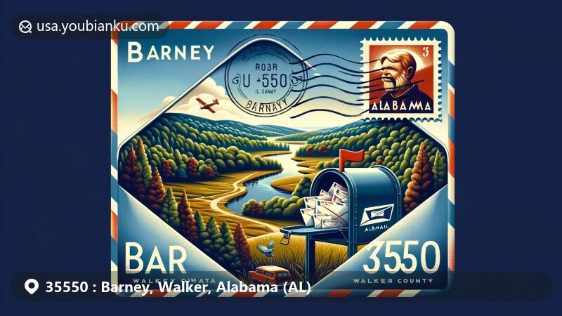 Modern illustration of Barney, Walker County, Alabama, featuring postal theme with ZIP code 35550, blending regional characteristics with postal elements in a vibrant style.