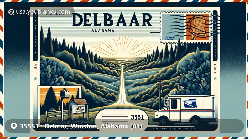 Modern illustration of Delmar, Alabama (ZIP code 35551), highlighting rural charm, postal service elements, Natural Bridge landmark, and Alabama state symbols.