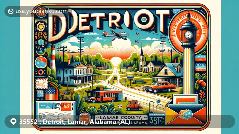 Modern illustration of Detroit, Lamar County, Alabama, highlighting postal theme with ZIP code 35552, featuring small-town charm, nature, and historical mill legacy.
