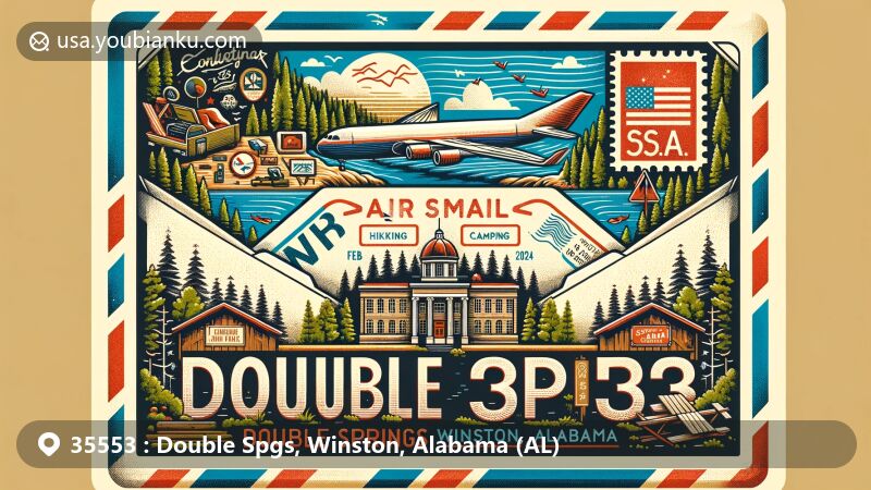 Modern illustration of Double Springs, Winston County, Alabama, showcasing postal theme with ZIP code 35553, featuring Bankhead National Forest, hiking trails, camping, boating, and Winston County courthouse.