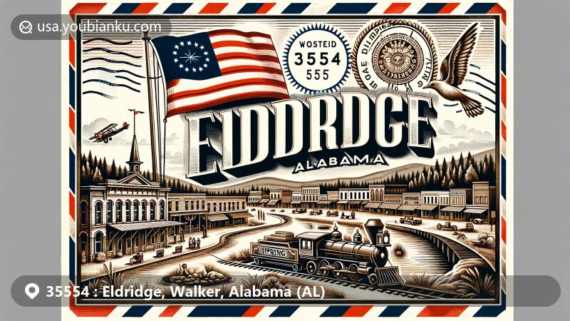 Modern illustration of Eldridge, Walker County, Alabama, capturing the town's history and natural beauty, featuring references to Frisco Railroad, Camp Springs, Alabama state flag, and vintage railroad in a festive atmosphere.