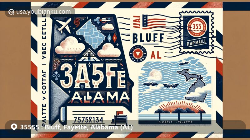 Creative widescreen illustration showcasing ZIP code 35555 in Bluff, Fayette, Alabama (AL), incorporating local climate and demographic features with postal themes, including stylized airmail envelope, Fayette County outline, climate symbols, Alabama state flag, postage stamp with '35555' ZIP code, mailbox icon, and 'Fayette, AL' postmark.