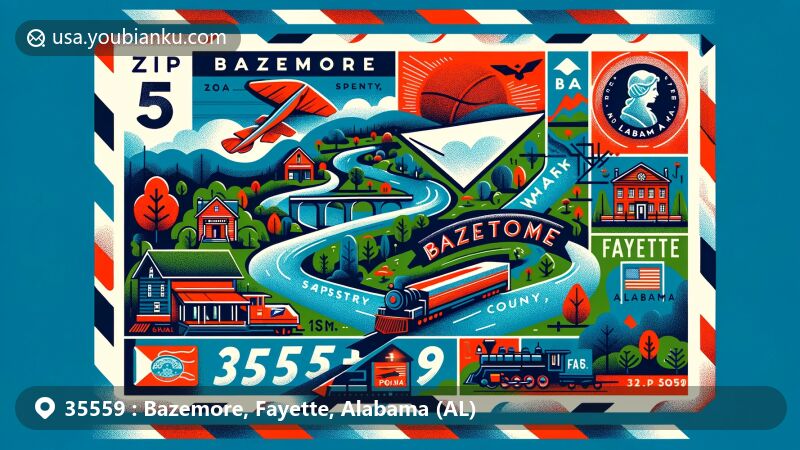Modern illustration of Bazemore, Fayette County, Alabama, with postal theme incorporating ZIP Code 35559, featuring Sipsey River and BNSF rail system.