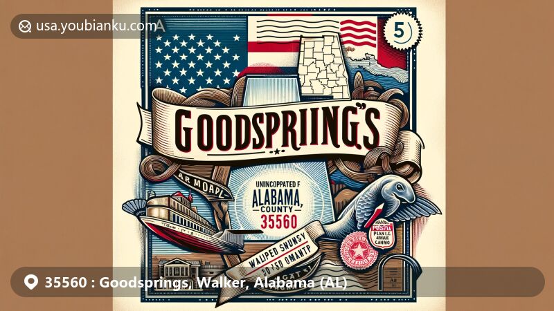 Modern illustration of Goodsprings, Walker County, Alabama, with ZIP code 35560, highlighting state flag and local geography, combining postal elements like vintage postcard background, postage stamp, postmark, and air mail envelope edge.