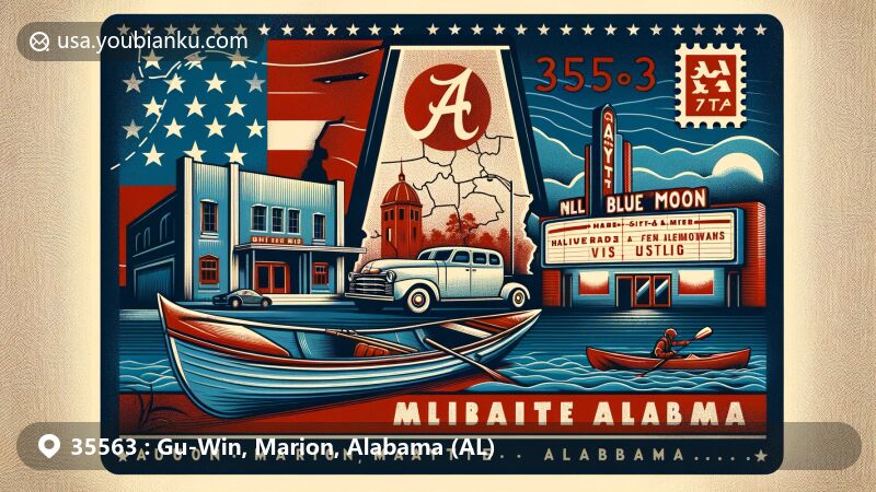 Modern illustration of Gu-Win, Alabama highlighting ZIP code 35563 area in Marion and Fayette counties, inspired by Alabama state flag style with emphasis on Blue Moon Drive-In Theater, kayaking, and fishing scenes, reflecting town's history, community spirit, and natural beauty.