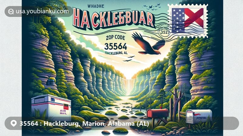 Modern illustration of Dismals Canyon, Hackleburg, Alabama, highlighting natural beauty and postal theme with ZIP code 35564, featuring unique rock formations and greenery.