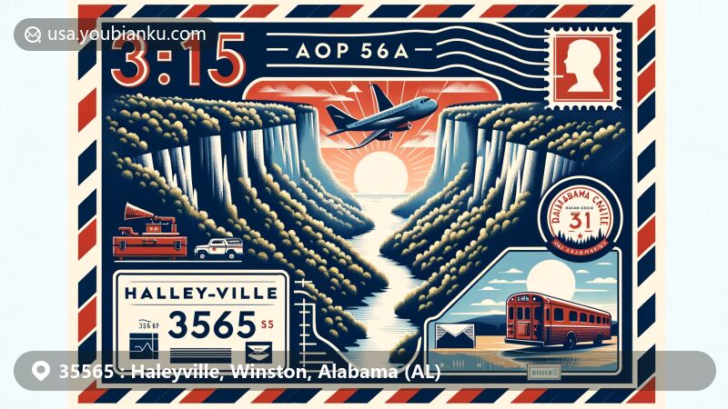 Creative illustration of Haleyville, Winston County, Alabama, ZIP code 35565, showcasing Dismals Canyon and homage to historic 9-1-1 call, with postal-themed design featuring vintage stamp, postmark, and airmail envelope.