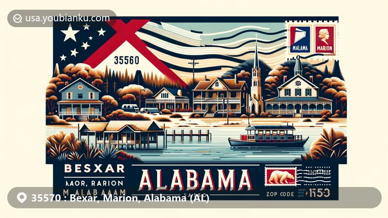 Modern illustration of Bexar, Marion, Alabama, featuring state flag, southern architecture, nature landscapes, and postal elements with ZIP code 35570.