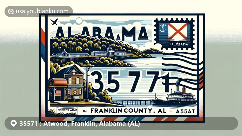 Modern illustration of Atwood, Franklin County, Alabama, showcasing postal theme with ZIP code 35571, highlighting Bear Creek Reservoir and Alabama state flag.