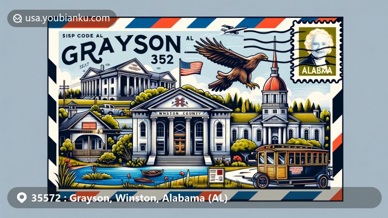 Creative modern illustration of Grayson, Winston County, Alabama, displaying postal theme with ZIP code 35572, featuring key landmarks Brushy Creek Lake, Grayson Lake, and the historic Winston County Courthouse.