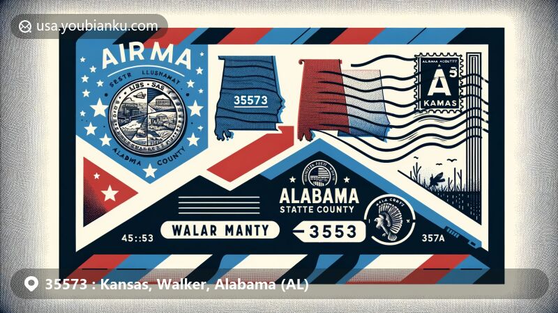 Modern illustration of Walker County, Alabama, emphasizing airmail theme with ZIP code 35573, featuring state flag, 'Kansas' name, and envelope design. Postal stamp depicts local geography or state symbol, with postmark and fictional date.